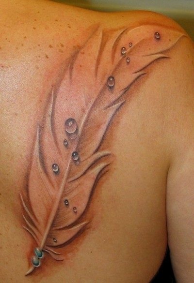 Tatouage d'une plume - signification chez une fille avec un mot, des oiseaux, un paon sur une jambe, un bras, un poignet, un estomac, un cou, un dos, une clavicule, sur le côté.