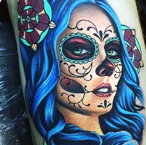 Tatouage de la Santa Muerte chez les femmes, les hommes. Signification, dessins, photos