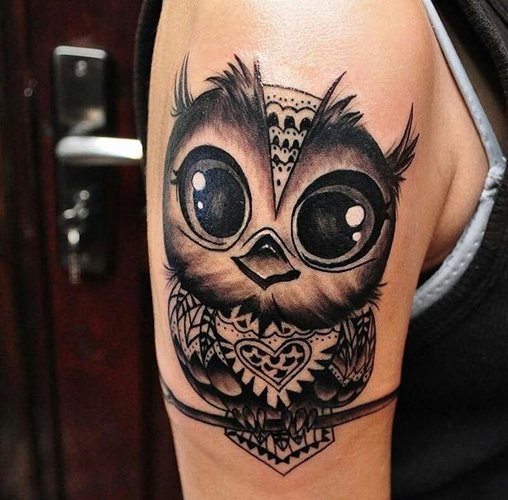 Tatouage d'une chouette sur le bras pour les filles. Photo, signification, croquis