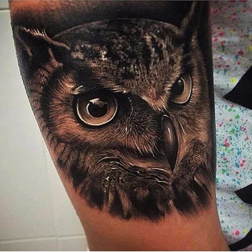 Tatouage d'une chouette sur le bras pour les filles. Photo, signification, croquis
