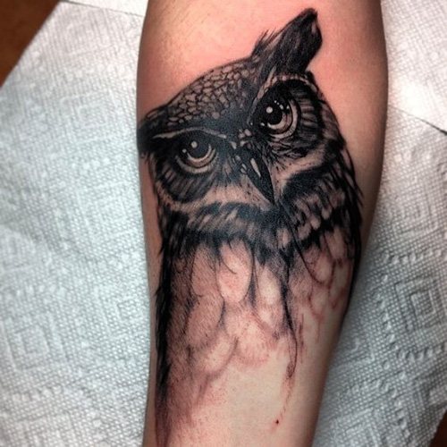 Tatouage d'une chouette sur le bras pour les filles. Photo, signification, croquis
