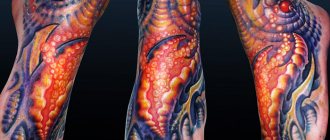 Tatouage dans le style bio-organique. Photos, croquis, sens