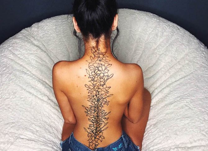 Tatouage le long de la colonne vertébrale chez les filles. Papier peint, croquis