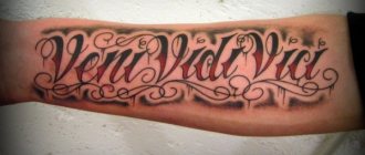 Tattoo Veni, vidi, vici (je suis venu, j'ai vu, j'ai vaincu !). Esquisse, traduction, signification.