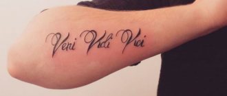Tattoo Veni, vidi, vici (je suis venu, j'ai vu, j'ai vaincu !). Esquisse, traduction, signification
