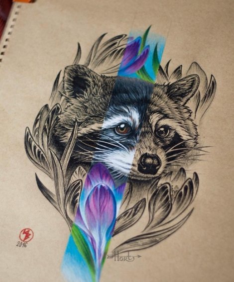 Tatouage d'un raton laveur sur papier - esquisse