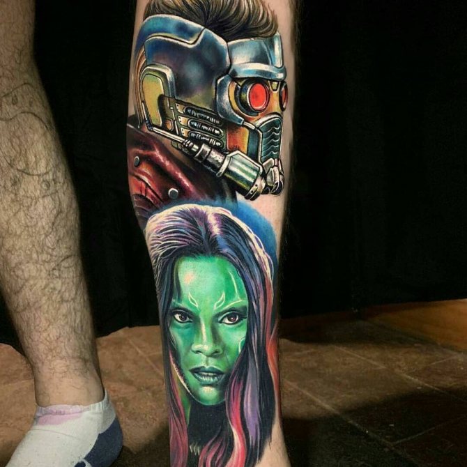 Tatouage de Gamora et Star-Lord sur le genou