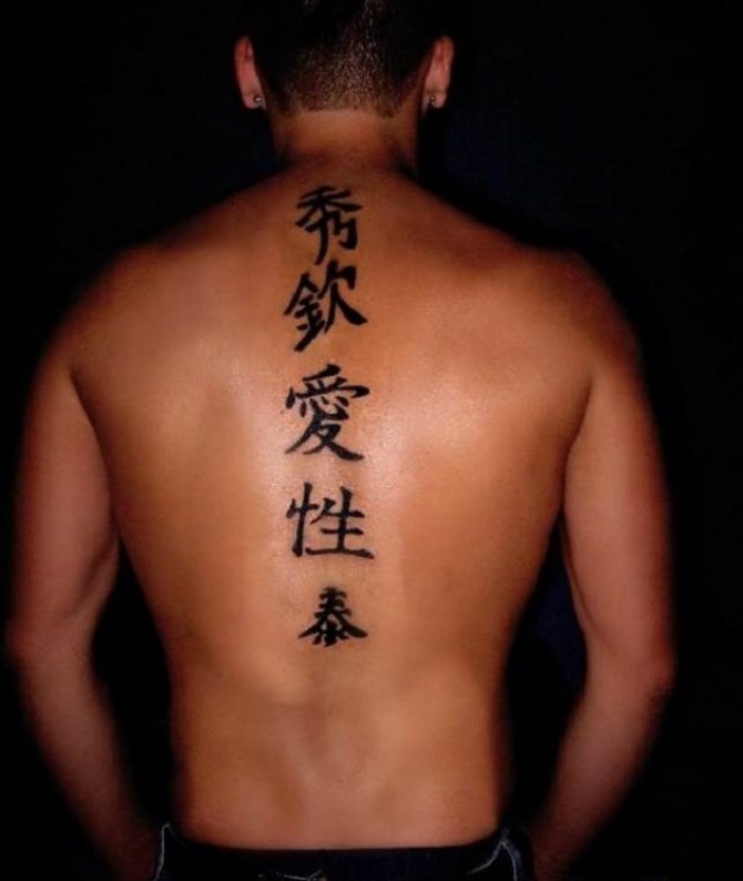 Personnages tatoués sur la colonne vertébrale d'un homme