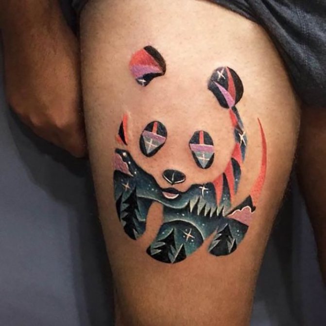Tatouage d'un panda sur sa cuisse