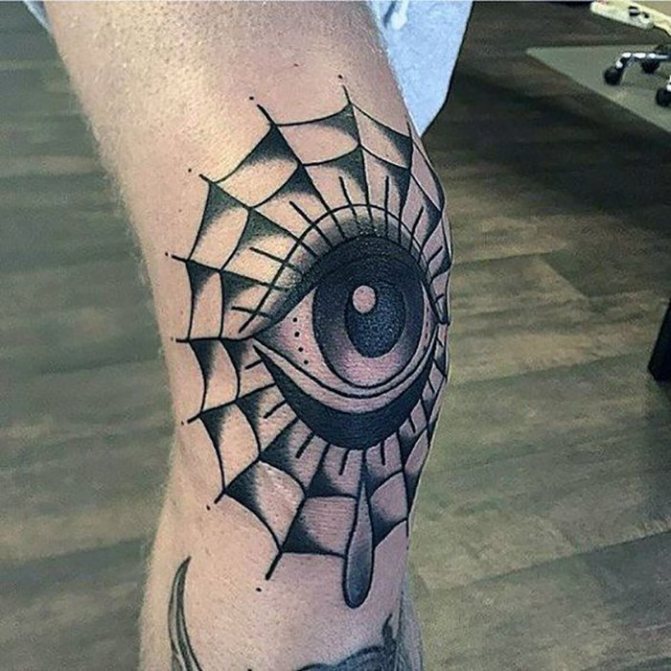 Tatouage d'une toile d'araignée avec un œil noir sur sa jambe