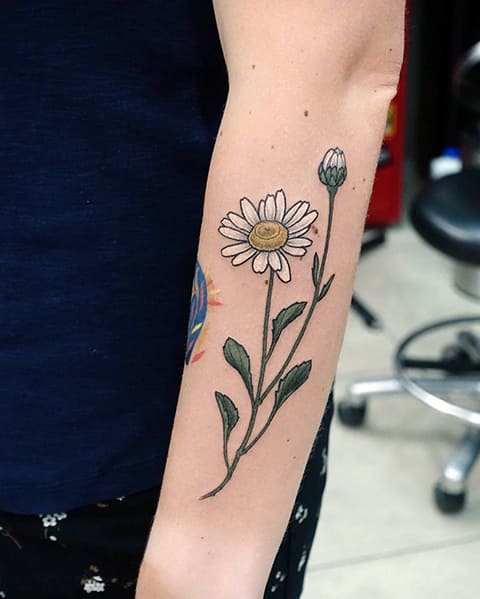 Tatouage d'une marguerite sur son bras