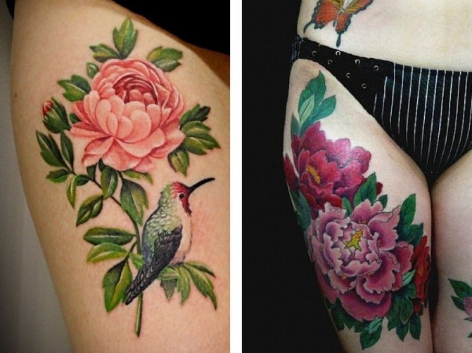 Pivoine tatouée sur la cuisse
