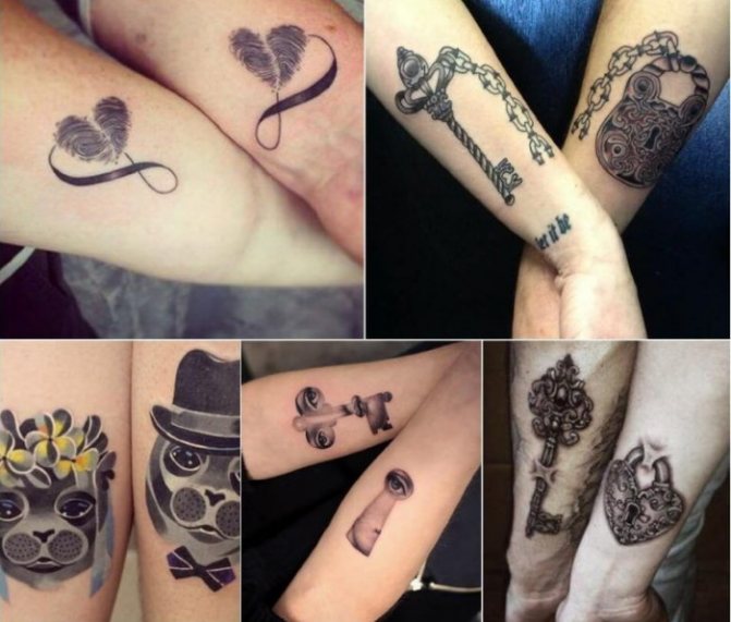 Tatouages sur deux bras pour les filles, masculin sur l'écart, inscriptions. Photo