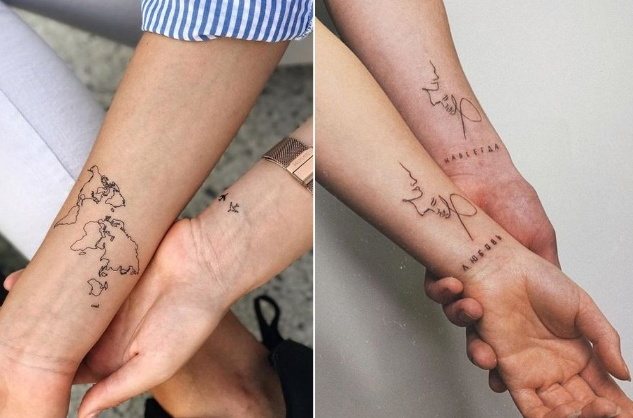 Tatouages de deux bras pour les filles, tatouages de rupture pour les hommes, inscriptions. Photo
