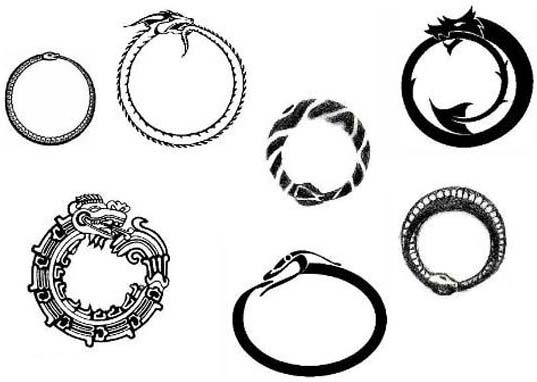 Tatouage Ouroboros. Croquis, c'est-à-dire autour du bras, de la jambe, du poignet, du dos et du cou.