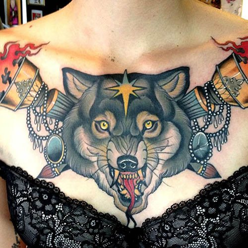 Un tatouage de sourire de loup. Photo, signification sur l'épaule, l'avant-bras, le dos, le bras