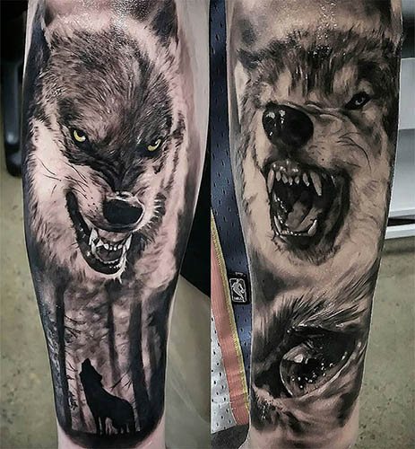 Un tatouage de sourire de loup. Photo, signification sur l'épaule, l'avant-bras, le dos, le bras