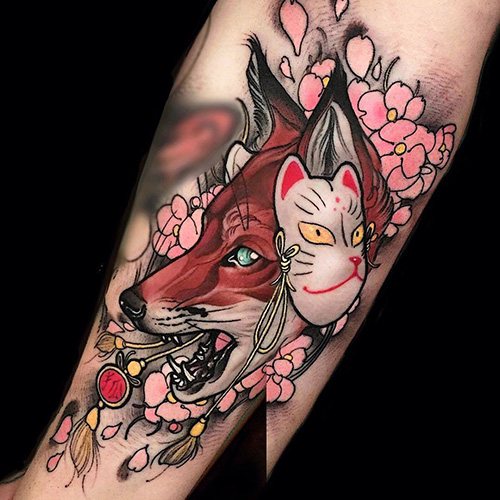 Tatouage de masque de renard japonais Kitsune. Signification, croquis, photo