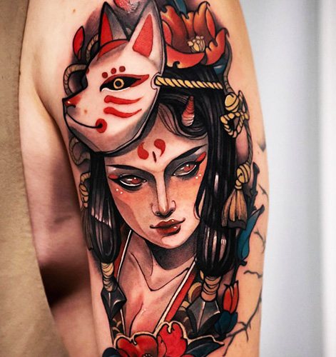 Tatouage de masque de renard japonais Kitsune. Signification, croquis, photo