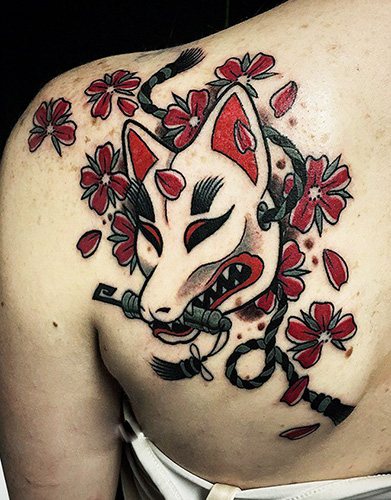 Tatouage de masque de renard japonais Kitsune. Signification, croquis, photo