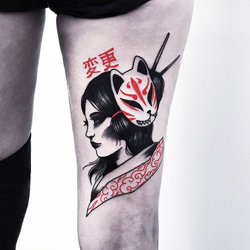 Tatouage de masque de renard japonais Kitsune. Signification, croquis, photo