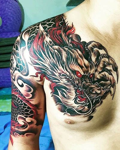 Dragon japonais. Sketches tattoo simple, en couleur, photo, signification