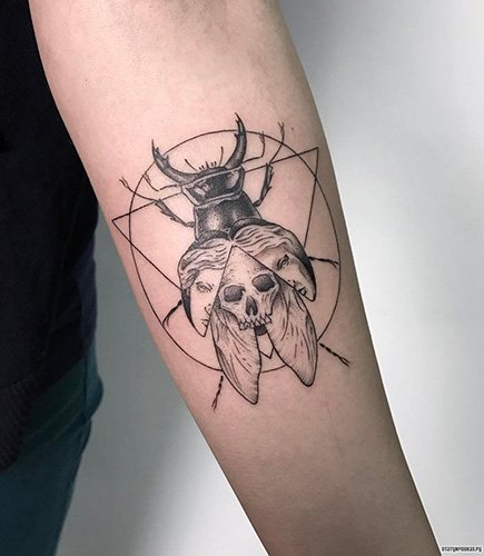 Tatouage de scarabée. Signification, croquis, photos sur les jambes, les bras, le poignet, le dos et le cou