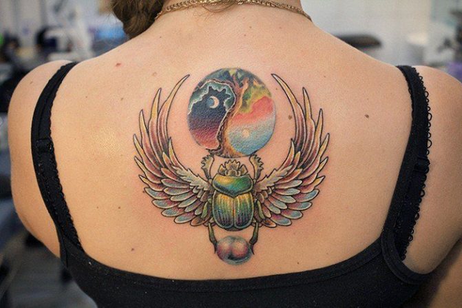 Tatouage de scarabée. Signification, croquis, photos sur les jambes, les bras, le poignet, le dos et le cou