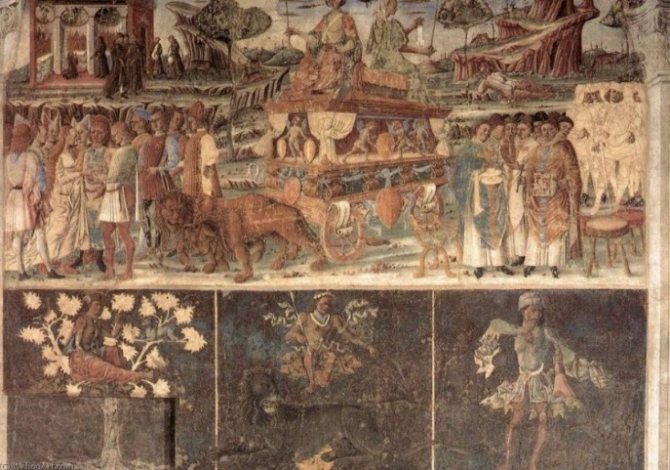 Signe du zodiaque Lion. Une fresque de F. del Cossa au Palazzo Scifanoia, Ferrare, XVe siècle.