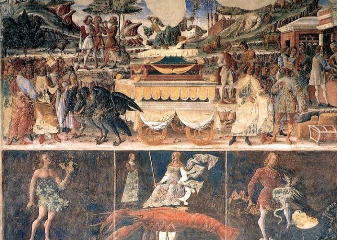 Signe du zodiaque Cancer. Fresque de F. del Cossa au Palazzo Sciphanoia, Ferrare, XVe siècle.